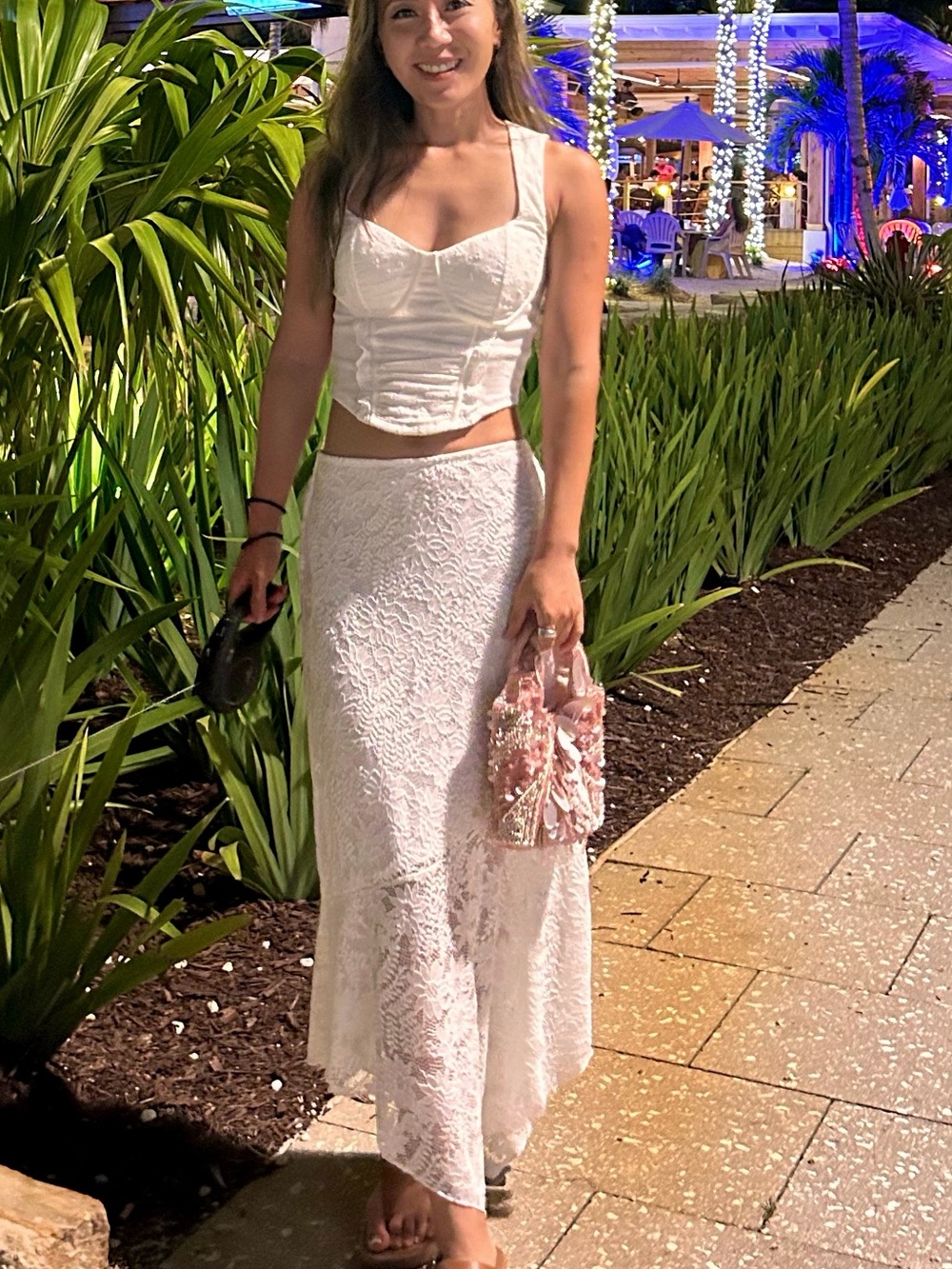 Women’s White Lace Holiday Maxi Skirt XS & Crop Top S Set